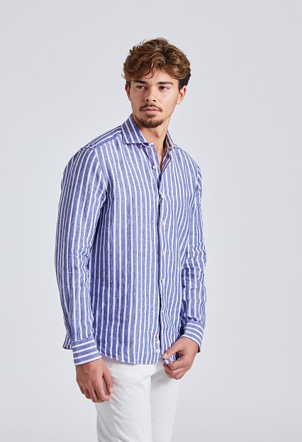 Alessandro Gherardi Regular Slim Cotton Linen Blue Stripe