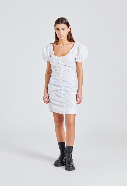 Ganni Cotton Poplin Gathered U-Neck Mini Dress Bright White