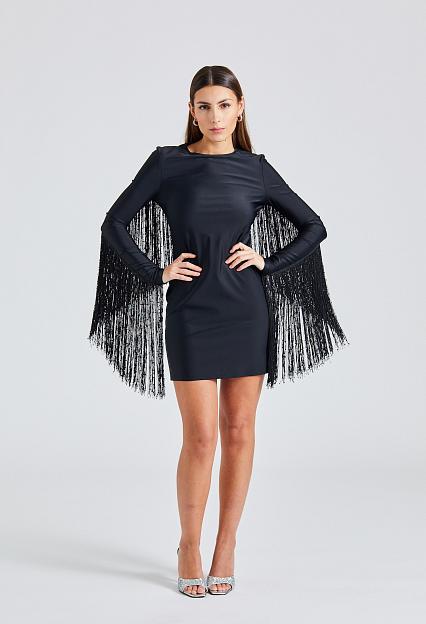 Rotate Sequin Fringe Mini Dress Black 