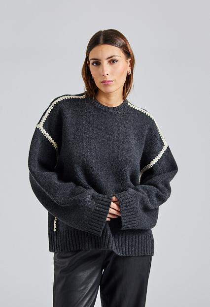 Toteme Embroidered Wool Cashmere Knit Grey Melange