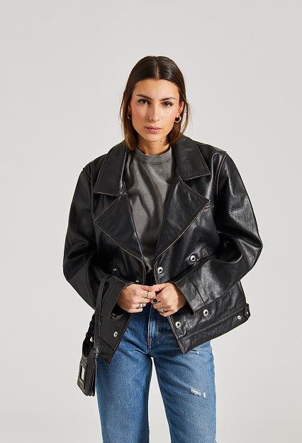 Victoria Beckham Oversized Leather Jacket Black/Taupe