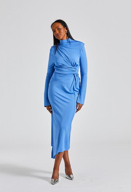 Victoria Beckham, High Neck Asymmetric Draped Dress Oxford Blue 